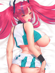 Rule 34 | 1girl, absurdres, ass, ass grab, azur lane, back, bare shoulders, bed sheet, blush, breasts, bremerton (azur lane), bremerton (scorching-hot training) (azur lane), commentary request, condom, condom in mouth, condom wrapper, crop top, crop top overhang, dakimakura (medium), from behind, haihai (skeleton), hair ornament, headgear, highres, huge breasts, large breasts, long hair, looking at viewer, lying, mouth hold, multicolored hair, nipples, on stomach, out-of-frame censoring, pink eyes, pink hair, shirt, sideboob, sleeveless, sleeveless shirt, solo, sportswear, streaked hair, sweat, tennis uniform, twintails, two-tone shirt, two-tone skirt, wristband, x hair ornament