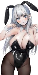 Rule 34 | 1girl, animal ears, black leotard, blue eyes, blush, breasts, cleavage, collar, collarbone, embarrassed, highres, large breasts, leotard, long hair, looking at viewer, open mouth, original, pantyhose, playboy bunny, poharo, rabbit ears, shiny clothes, white background, white collar, wide hips