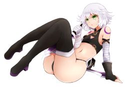 Rule 34 | 1girl, arano oki, ass, bandaged arm, bandages, bare shoulders, black footwear, black gloves, black panties, black shirt, black thighhighs, boots, breasts, commentary request, dagger, facial scar, fate/grand order, fate (series), fingerless gloves, full body, gloves, green eyes, hair between eyes, holding, holding dagger, holding knife, holding weapon, jack the ripper (fate/apocrypha), knife, looking at viewer, navel, panties, scar, scar across eye, scar on cheek, scar on face, shirt, short hair, shoulder tattoo, silver hair, simple background, single glove, sleeveless, sleeveless shirt, small breasts, solo, tattoo, thigh boots, thighhighs, underwear, weapon, white background