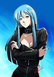 Rule 34 | 1girl, blue hair, bodysuit, breasts, center opening, cleavage, closed mouth, collar, collarbone, dated, gin&#039;oya, long hair, looking at viewer, medium breasts, nail polish, nemissa, pale skin, solo, soul hackers, yellow eyes, zipper