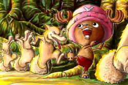 Rule 34 | animal, dancing, forest, hat, nature, no humans, one piece, outdoors, reindeer, shorts, skypiea, smile, tony tony chopper, tree, wolf, x (symbol)