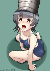 Rule 34 | 1girl, arare (kancolle), artist name, barefoot, black hair, blue one-piece swimsuit, brown eyes, competition school swimsuit, dated, green background, hat, kantai collection, looking at viewer, moke ro, one-piece swimsuit, open mouth, school swimsuit, short hair, sitting, solo, swimsuit, yokozuwari