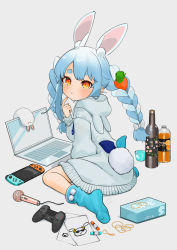 Rule 34 | 1girl, alcohol, animal ears, bad id, bad twitter id, blue hair, blue socks, bottle, braid, carrot hair ornament, computer, controller, cup, food-themed hair ornament, gotou (nekocat), hair ornament, highres, hololive, hood, hoodie, juice, laptop, looking at viewer, microphone, nintendo switch, orange eyes, orange juice, rabbit ears, rabbit girl, rabbit tail, rubber band, simple background, sitting, smile, socks, solo, tail, thick eyebrows, twintails, usada pekora, virtual youtuber, wariza, white background