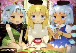 Rule 34 | 3girls, alcohol, aqua hair, bad id, bad pixiv id, barefoot, black headwear, blonde hair, blue dress, blue eyes, blue hair, blush, butterfly wings, cherry blossoms, cirno, collared shirt, cup, detached wings, dress, eternity larva, fairy, fang, flower, food, green dress, hair between eyes, hat, holding, holding cup, holding paper, ice, ice wings, insect wings, lily white, long hair, long sleeves, matara okina, morning glory, multicolored clothes, multicolored dress, multiple girls, onigiri, open mouth, paper, pink flower, poco (zdrq3), sakazuki, sake, shirt, short hair, single strap, sunflower, tanned cirno, touhou, tree, white dress, white shirt, wings, yellow eyes, yellow flower