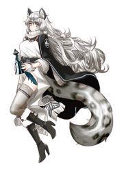 Rule 34 | 1girl, animal ear fluff, animal ears, arknights, bead necklace, beads, bell, belt, black belt, black cape, black footwear, boots, braid, breasts, cape, commentary, dress, english commentary, full body, fur-trimmed boots, fur trim, grey eyes, grey thighhighs, hair between eyes, head chain, high heel boots, high heels, highres, holding, holding bell, jewelry, knee boots, leopard ears, leopard tail, lim aya w, long hair, long sleeves, looking at viewer, medium breasts, necklace, pramanix (arknights), silver hair, simple background, smile, solo, tail, thighhighs, thighs, turtleneck, twin braids, very long hair, white background, white dress, wide sleeves, zettai ryouiki