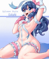 Rule 34 | 1girl, arm behind head, armpits, blue background, blue eyes, blue hair, blush, breasts, choker, covered navel, creatures (company), dawn (pokemon), game freak, gloves, hair ornament, heart, heart-shaped pupils, highres, long hair, looking at viewer, matching hair/eyes, mud (artist), naked ribbon, nintendo, nipples, nude, open mouth, pink gloves, pokemon, pokemon dppt, polka dot, polka dot background, ribbon, sitting, small breasts, smile, solo, symbol-shaped pupils, teeth, thighlet, tongue, upper teeth only, wariza, white background