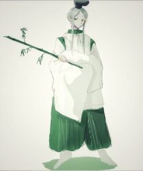 Rule 34 | 1girl, adapted costume, alternate costume, black hair, black ribbon, chinese commentary, closed mouth, collar, commentary request, crossed arms, detached sleeves, expressionless, eyelashes, full body, green collar, green eyes, green hakama, grey hair, hakama, hakama pants, half-closed eyes, hat, high collar, holding bamboo shoot, japanese clothes, kariginu, long sleeves, looking at viewer, mxx33, neck ribbon, pants, photo (medium), ribbon, shadow, shirt, short hair with long locks, sidelocks, sleeves past wrists, solo, tate eboshi, teireida mai, touhou, white shirt, white sleeves, wide sleeves