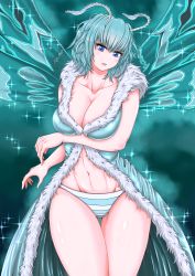 Rule 34 | 1girl, abs, absurdres, blue eyes, blue hair, breasts, cleavage, colored skin, full body, godzilla: king of the monsters, godzilla (series), highres, kaijuu, legendary pictures, legs, monsterverse, mothra, mothra (monsterverse), mynameissuusan, panties, personification, solo, thighs, toho, underwear, white skin, wings