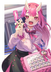 Rule 34 | 1girl, badge, bag, button badge, club, club (weapon), collared shirt, commentary request, doll, earrings, fang, heart, heart-shaped pupils, heart earrings, holding, holding doll, horns, itabag, jewelry, long hair, long sleeves, neck ribbon, oni, open mouth, original, pink eyes, pink hair, ribbon, ryofuhiko, scrunchie, shirt, shirt tucked in, skin-covered horns, skin fang, skirt, smile, solo, spiked club, symbol-shaped pupils, very long hair, weapon, wrist scrunchie