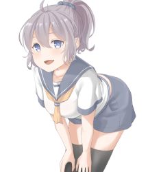 Rule 34 | 1girl, aoba (kancolle), black thighhighs, blue eyes, blue scrunchie, cowboy shot, hands on own thighs, highres, kantai collection, looking at viewer, neckerchief, ponytail, purple hair, purple sailor collar, purple shorts, sailor collar, school uniform, scrunchie, serafuku, shorts, simple background, soba (sobaya1938), solo, standing, thighhighs, white background