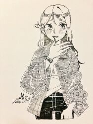 Rule 34 | 1girl, commentary, greyscale, hair between eyes, hair ornament, hairclip, hatching (texture), highres, jacket, kashikaze, long hair, long sleeves, looking at viewer, love live!, love live! sunshine!!, monochrome, nib pen (medium), open clothes, open jacket, open mouth, pants, sakurauchi riko, signature, simple background, single sidelock, solo, traditional media, watch, wristwatch