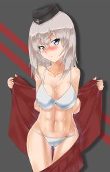 Rule 34 | 10s, 1girl, abs, arai kogane, black hat, blue eyes, blush, bra, breasts, cleavage, closed mouth, clothes pull, collarbone, cowboy shot, dress shirt, embarrassed, frown, garrison cap, girls und panzer, gluteal fold, grey background, hat, highres, itsumi erika, kuromorimine military uniform, large breasts, long hair, looking at viewer, military, military hat, military uniform, miniskirt, navel, open clothes, open shirt, panties, pleated skirt, red shirt, red skirt, shiny skin, shirt, silver hair, skirt, skirt pull, solo, standing, string panties, thigh gap, underwear, undressing, uniform, white bra, white panties