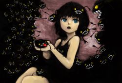 Rule 34 | 1girl, black hair, blue eyes, cupping hands, darkness, dress, monster, morina nao, open mouth, original, own hands together, short hair, solo, teeth, tongue, tongue out, yami shoujo
