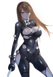 Rule 34 | 1girl, bad id, bad pixiv id, black bodysuit, blush, bodysuit, breasts, broken, broken sword, broken weapon, brown hair, cleavage, closed mouth, contrapposto, covered erect nipples, covered navel, cowboy shot, gantz, gantz suit, hair between eyes, holding, holding sword, holding weapon, large breasts, legs apart, liquid, long hair, looking at viewer, shimohira reika, simple background, skin tight, skindentation, solo, standing, sweat, sword, torn bodysuit, torn clothes, weapon, white background, yostxxx