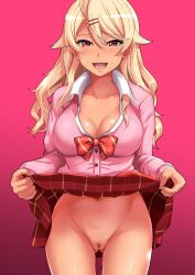 Rule 34 | cowboy shot, earrings, haruhisky, highres, jewelry, lifting own clothes, long sleeves, looking at viewer, miniskirt, no panties, non-web source, ouga saki, paid reward, pink background, pink theme, plaid, plaid skirt, pleated skirt, pubic hair, red skirt, skirt, solo