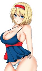 Rule 34 | absurdres, alice margatroid, arms behind back, bare arms, bare shoulders, blonde hair, blue eyes, blush, bow, bow panties, breasts, cameltoe, camisole, hairband, highres, isshin (sasayamakids), large breasts, looking at viewer, panties, sash, short hair, side-tie panties, sleeveless, spaghetti strap, thighs, touhou, underwear