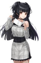 Rule 34 | 1girl, absurdres, bare shoulders, black hair, blunt bangs, breasts, brown eyes, commentary request, dress, frilled dress, frills, grey dress, grin, hands up, highres, holding, holding mask, idolmaster, idolmaster shiny colors, long hair, long sleeves, looking at viewer, mask, unworn mask, mayuzumi fuyuko, medium breasts, mouth mask, mugcup, off-shoulder dress, off shoulder, plaid, plaid dress, simple background, sleeves past wrists, smile, solo, surgical mask, two side up, very long hair, white background