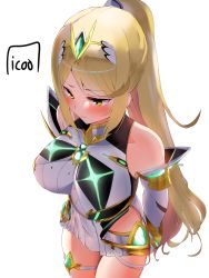 Rule 34 | 1girl, alternate hairstyle, bare legs, bare shoulders, blonde hair, breasts, chest jewel, dress, earrings, elbow gloves, gloves, highres, icoo, jewelry, large breasts, long hair, mythra (xenoblade), ponytail, short dress, simple background, solo, swept bangs, thigh strap, tiara, very long hair, white background, white dress, white gloves, xenoblade chronicles (series), xenoblade chronicles 2, yellow eyes