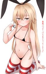 Rule 34 | 1girl, absurdres, arm support, black bra, black panties, blonde hair, blush, bra, breasts, closed mouth, collarbone, eighth note, full body, hair between eyes, highleg, highleg panties, highres, holding, kantai collection, light smile, long hair, micro bra, musical note, navel, panties, shimakaze (kancolle), simple background, small breasts, solo, striped clothes, striped thighhighs, thighhighs, tiemu (man190), translated, underwear, white background, yellow eyes