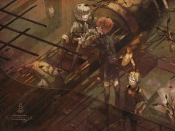 Rule 34 | 3boys, aircraft, airplane, apron, as.n, bird, blonde hair, blurry foreground, boots, bouquet, branch, character name, commentary, dal segno (symbol), english commentary, closed eyes, factory, flower, fukase, giving, highres, holding, holding bouquet, iron bars, james (vocaloid), knee boots, ladder, male focus, multiple boys, oliver (vocaloid), open mouth, red hair, signature, smile, toy airplane, vehicle, vocaloid, yellow eyes, yohioloid