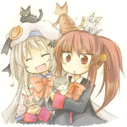 Rule 34 | 2girls, animal, animal on head, bell, brown hair, buttons, cat, cat on head, closed eyes, fang, furui suguri, hat, large buttons, little busters!, long hair, multiple girls, natsume rin, noumi kudryavka, on head, open mouth, ponytail, red eyes, silver hair