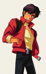 Rule 34 | 1980s (style), 1boy, belt, black belt, black pants, brown hair, contrapposto, cowboy shot, dark-skinned male, dark skin, green eyes, grin, gundam, gundam zz, hand in pocket, hasemil, high collar, jacket, judau ashta, long sleeves, looking at viewer, male focus, oldschool, open clothes, open jacket, pants, red jacket, retro artstyle, shirt, short hair, simple background, smile, solo, standing, thick eyebrows, white background, yellow shirt