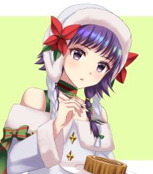 Rule 34 | 1girl, absurdres, bare shoulders, cake, choker, christmas, fire emblem, fire emblem: the sacred stones, fire emblem heroes, flower, food, fork, fur trim, hat, highres, holding, holding fork, holding plate, kakiko210, long sleeves, looking at viewer, low twintails, lute (fire emblem), lute (winter) (fire emblem), nintendo, off shoulder, official alternate costume, plate, purple eyes, purple hair, red flower, ribbon, solo, twintails, upper body, white hat, wide sleeves