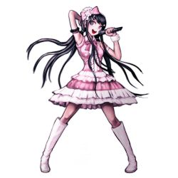 Rule 34 | 1girl, arm cuffs, arm up, armpits, black hair, boots, bow, danganronpa: trigger happy havoc, danganronpa (series), dress, floating hair, full body, hair bow, hair ornament, holding, holding microphone, idol, knee boots, komatsuzaki rui, layered dress, long hair, maizono sayaka, microphone, neck ribbon, non-web source, official alternate costume, official art, pink bow, pink dress, pink ribbon, ribbon, short dress, simple background, solo, sparkle, very long hair, white background, white footwear