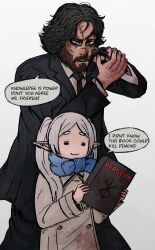 Rule 34 | 1boy, 1girl, :3, = =, basedlida, berserk, black hair, black suit, blue scarf, book, closed eyes, closed mouth, coat, commentary, cowboy shot, crossover, elf, english commentary, english text, facial hair, formal, frieren, gun, handgun, highres, holding, holding book, holding gun, holding weapon, john wick, john wick (character), long hair, long sleeves, parted bangs, pointy ears, scar, scar on face, scarf, short eyebrows, short hair, simple background, sousou no frieren, speech bubble, standing, suit, thick eyebrows, twintails, upper body, weapon, white background, white hair, winter clothes, winter coat