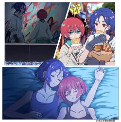 1boy 1girl absurdres amate_yuzuriha aqua_eyes aqua_shirt bhachi88888888 black_sports_bra black_tank_top blue_hair breasts closed_eyes closed_mouth collared_shirt colored_inner_hair eating futon gundam gundam_gquuuuuux head_on_another&#039;s_shoulder highres holding long_sleeves multicolored_hair necktie open_mouth purple_hair red_eyes red_hair school_uniform shirt short_hair shuji_ito sleeping sleeping_on_person smile sports_bra sportswear sweatdrop sweater tank_top two-tone_hair white_shirt zzz