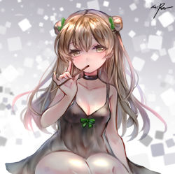 Rule 34 | 1girl, arm support, bare arms, blush, bow, breasts, brown hair, choker, collarbone, covered erect nipples, double bun, dress, eating, food, girls&#039; frontline, green eyes, hair bow, hair bun, holding, holding food, holding pocky, legs together, long hair, looking at viewer, medium breasts, mirutu, no bra, pinky out, pocky, rfb (girls&#039; frontline), see-through, signature, sitting, smile, solo