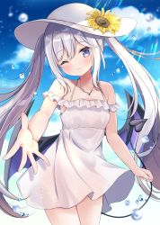 Rule 34 | 1girl, ;), bare shoulders, blue sky, blurry, blurry background, blush, breasts, closed mouth, cloud, collarbone, commentary request, day, demon girl, demon tail, demon wings, depth of field, dress, flower, frilled dress, frills, hair between eyes, hat, hat flower, head tilt, highres, long hair, looking at viewer, low wings, masayo (gin no ame), nail polish, off-shoulder dress, off shoulder, one eye closed, original, outdoors, purple eyes, purple nails, purple wings, silver hair, sky, small breasts, smile, solo, sun hat, sunflower, tail, tail raised, twintails, very long hair, white dress, white hat, wings, yellow flower