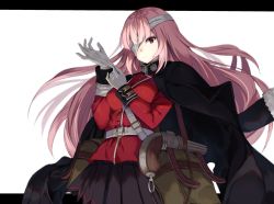Rule 34 | 1girl, adjusting clothes, adjusting gloves, antique firearm, bag, bandaged head, bandages, belt, belt buckle, between breasts, black jacket, black skirt, breasts, buckle, buttons, closed mouth, fate/grand order, fate (series), firearm, florence nightingale (fate), florence nightingale (third ascension) (fate), fur-trimmed sleeves, fur trim, gloves, grey gloves, gun, jacket, jacket on shoulders, kanikou, letterboxed, long hair, long sleeves, medium breasts, military, military uniform, one eye covered, pink hair, pleated skirt, red eyes, serious, simple background, skirt, solo, strap between breasts, tsurime, uniform, very long hair, weapon, white background
