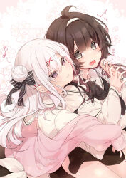 Rule 34 | 2girls, ^^^, ahoge, black bow, black neckerchief, black skirt, bow, brown hair, closed mouth, commentary request, eighth note, floral background, grey eyes, hair between eyes, hair bow, hair bun, hair ornament, hairband, hug, hug from behind, jacket, kabocha usagi, long sleeves, multiple girls, musical note, neckerchief, novel illustration, off shoulder, official art, open clothes, open jacket, open mouth, original, pink jacket, puffy long sleeves, puffy sleeves, purple eyes, sailor collar, shirt, simple background, single side bun, skirt, sleeves past wrists, smile, striped bow, translation request, trembling, twitter username, white background, white hair, white hairband, white sailor collar, white shirt, x hair ornament