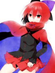 Rule 34 | 1girl, backlighting, black shirt, blouse, bow, cape, cowboy shot, hair bow, long sleeves, looking at viewer, miniskirt, nakukoroni, pleated skirt, red cape, red eyes, red hair, red skirt, sekibanki, shirt, short hair, simple background, skirt, solo, touhou