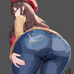 Rule 34 | 1girl, artist request, ass, ass focus, brown hair, denim, hat, jeans, leaning forward, long hair, looking back, md5 mismatch, original, pants, red hat, resolution mismatch, solo, source smaller, tagme, user jjka5884