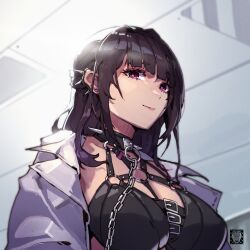 Rule 34 | 1girl, bare shoulders, black hair, breasts, chain, chain leash, cleavage, closed mouth, coat, collar, collarbone, ear piercing, goddess of victory: nikke, large breasts, leash, leather bikini, long hair, mar10, mihara (nikke), piercing, purple eyes, smile, solo, spiked collar, spikes, white coat