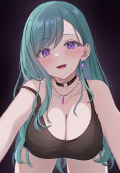 1girl 7nopi absurdres all_fours bead_necklace beads black_collar black_shorts black_tank_top blush breasts cleavage collar ear_piercing earrings foreshortening green_hair hair_behind_ear highres jewelry large_breasts long_hair looking_at_viewer mole mole_on_breast necklace open_mouth piercing purple_eyes short_shorts shorts solo strap_slip swept_bangs tank_top very_long_hair virtual_youtuber vspo! yakumo_beni