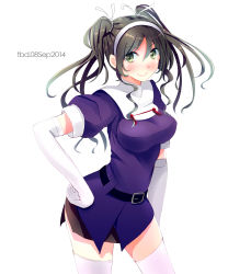 Rule 34 | 10s, 1girl, absurdres, alternate hairstyle, alternate legwear, ashigara (kancolle), bad id, bad pixiv id, brown eyes, brown hair, cowboy shot, dated, elbow gloves, gloves, hair ornament, hairband, hand on own hip, highres, kantai collection, long hair, smile, solo, tebi (tbd11), white background
