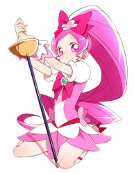 Rule 34 | 10s, 1girl, bow, brooch, cure blossom, hanasaki tsubomi, heart, heart brooch, heartcatch precure!, jewelry, kneeling, long hair, looking at viewer, magical girl, pink bow, pink eyes, pink hair, pink theme, ponytail, precure, simple background, solo, sword, weapon, white background, yui (kanatamoo)