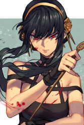 Rule 34 | 1girl, bare shoulders, black dress, black hair, blood, border, breasts, cleavage, closed mouth, dagger, dress, eyelashes, green background, hair ornament, hairband, hairpin, holding, holding dagger, holding knife, holding weapon, hungry clicker, knife, large breasts, long hair, medium breasts, red eyes, solo, spy x family, stiletto (weapon), upper body, weapon, white border, yellow hairband, yor briar