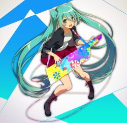 Rule 34 | 1girl, aqua eyes, aqua hair, black footwear, blue jacket, boots, cross-laced footwear, full body, hair between eyes, hatsune miku, instrument, jacket, keytar, lace-up boots, long hair, looking at viewer, matsuda toki, music, open clothes, open jacket, open mouth, playing instrument, red skirt, shirt, skirt, solo, twintails, v-shaped eyebrows, very long hair, vocaloid, white shirt