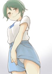 Rule 34 | 1girl, akara kai, blue shorts, brown eyes, from below, green hair, highres, kantai collection, lifted by self, looking at viewer, mogami (kancolle), official alternate costume, one-hour drawing challenge, pantyhose, shirt, short hair, shorts, shorts lift, solo, upshorts, white shirt