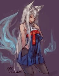 Rule 34 | 1girl, animal ear fluff, animal ears, bare shoulders, black legwear, fire, fox ears, grey hair, hip vent, japanese clothes, long hair, looking at viewer, original, red eyes, sleeveless, smile, solo, suzuno (bookshelf), tongue, tongue out, very long hair