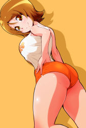 Rule 34 | 1girl, ass, bare arms, bare shoulders, breasts, brown eyes, brown hair, clothes writing, curvy, employee uniform, hand on own hip, happinesscharge precure!, highres, hip focus, hooters, large breasts, looking at viewer, looking back, oomori yuuko, orange shorts, precure, ryuuta (cure ryuuta), shirt, short hair, short shorts, shorts, smile, solo, tank top, thick thighs, thighs, uniform, white shirt, wide hips, yellow background