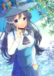 Rule 34 | 1girl, black hair, blue bow, blue eyes, blue skirt, blush, bow, braid, breasts, brooch, closed mouth, collared shirt, commentary request, commission, dress shirt, grey hat, hair bun, hand up, hat, hat bow, high-waist skirt, jewelry, kou hiyoyo, large breasts, long hair, long sleeves, looking at viewer, original, pleated skirt, shirt, single side bun, skeb commission, skirt, smile, solo, suspender skirt, suspenders, very long hair, water drop, white shirt, witch hat