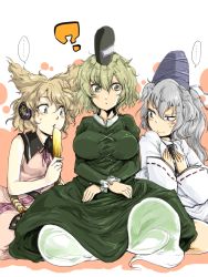 Rule 34 | ..., 3girls, ?, blush, breast envy, breasts, brown hair, dress, face, female focus, ghost, ghost tail, green dress, green hair, grey hair, hands on own chest, harusame (unmei no ikasumi), hat, japanese clothes, kariginu, large breasts, looking at breasts, mononobe no futo, multiple girls, seiza, sitting, soga no tojiko, staring, tate eboshi, touhou, toyosatomimi no miko