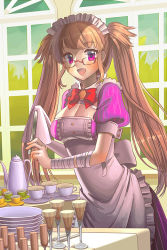 Rule 34 | 1girl, :d, apron, baking, bandages, blonde hair, bow, bowtie, breasts, cleavage, glasses, indoors, large breasts, maid headdress, open mouth, pinstripe pattern, puffy short sleeves, puffy sleeves, purple eyes, red bow, red bowtie, short sleeves, smile, solo, striped, sword girls, table, twintails, upper body