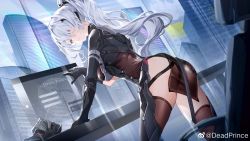 Rule 34 | 1girl, absurdres, aether gazer, black bodysuit, black gloves, blue eyes, bodysuit, breasts, brown thighhighs, cityscape, deadprince, dutch angle, from side, gloves, grey hair, hair between eyes, hair ornament, heterochromia, high ponytail, highres, indoors, kotachi (aether gazer), long hair, looking at viewer, looking to the side, medium breasts, parted lips, ponytail, red eyes, solo, standing, thighhighs, very long hair