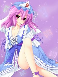 Rule 34 | 1girl, breasts, bug, butterfly, cleavage, collarbone, female focus, hat, highres, bug, japanese clothes, pink hair, purple eyes, saigyouji yuyuko, solo, touhou, yoye (pastel white)